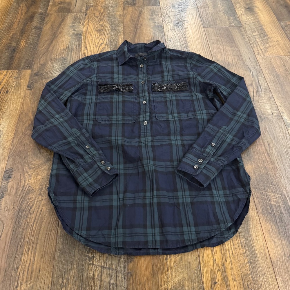 J.Crew Womens Black Watch Plaid Beaded Pocket Cotton Button Down Shirt Navy